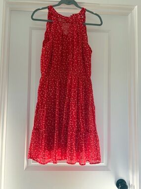Monteau Red Sleeveless Tiered Girls' Dress with White Print